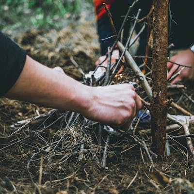 Close-up of hands arranging sticks to start a campfire in a forest adventure setting.