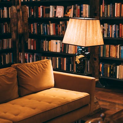 Warm and inviting library scene featuring a cozy couch, bookshelves, and a lamp for ambient lighting.