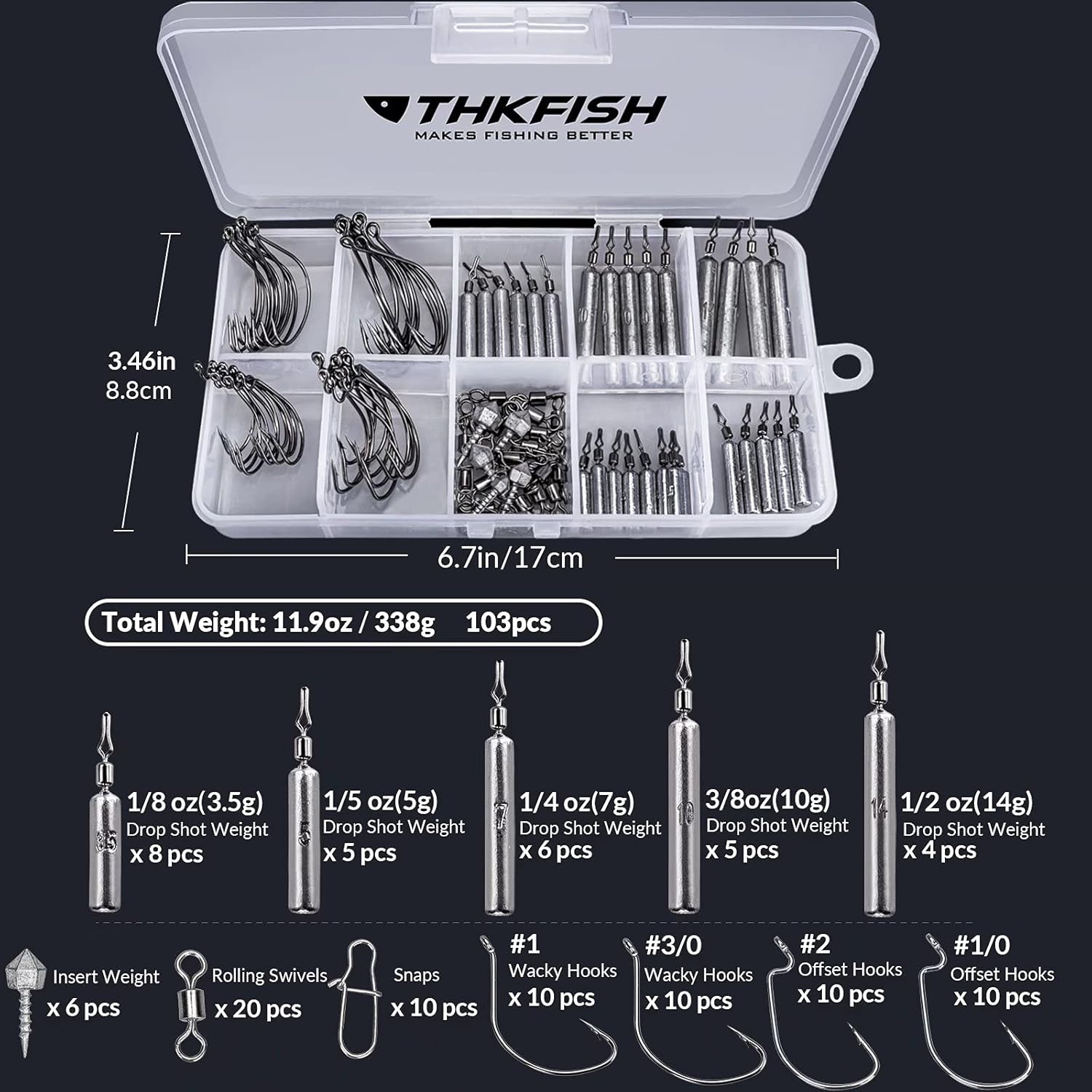 THKFISH Fishing Weights Sinkers Set, 60PCS Fishing Sinker Drop Shot Weights Kit,Drop Shot Rig Wacky Hooks for Saltwater Freshwater Bass Fishing - Image 4