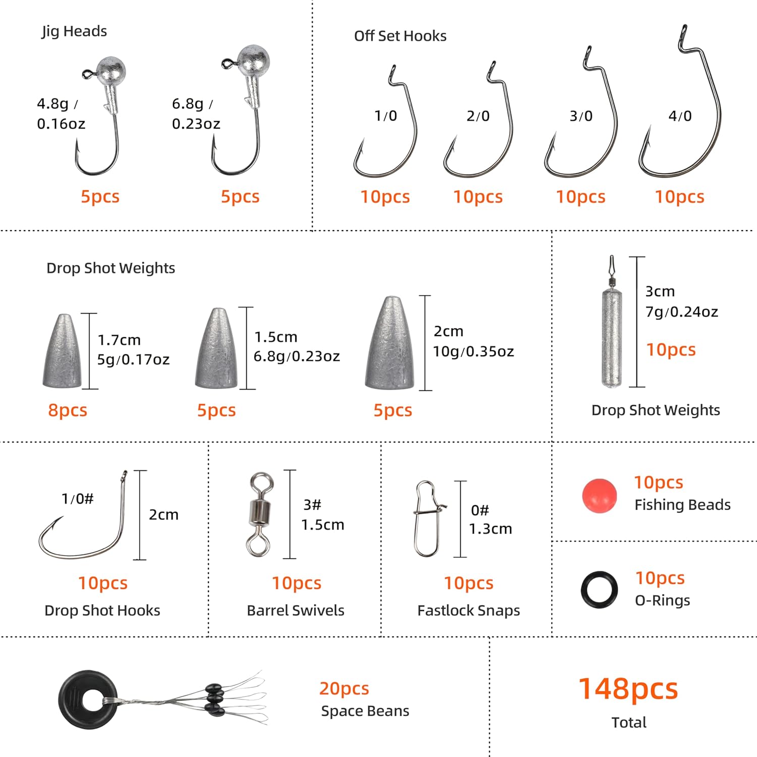 Fishing Accessories Kit, Fishing Set with Tackle Box, Fishing Hooks, Weights, Jig Heads, O-Rings, Barrel Swivels, Fastlock Snaps, Fishing Beads, Space Beans - Freshwater & Saltwater Fishing - Image 5