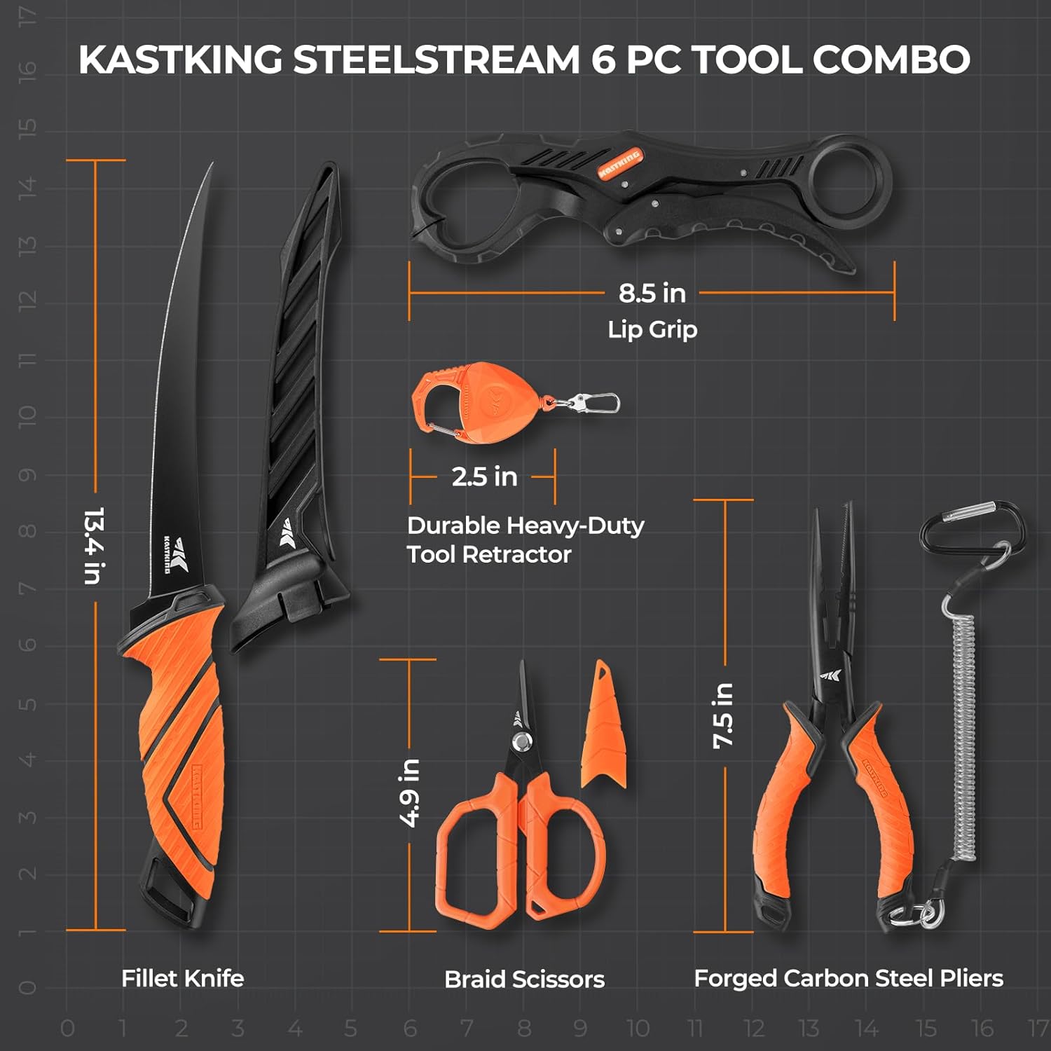 KastKing SteelStream 6pc Fishing Tool Kit - Corrosion Resistant Fishing Pliers with Lanyard, Fillet Knife, Floating Fish Lip Gripper, Fishing Braid Scissors, Tool Retractor, Fishing Gifts for Men - Image 6