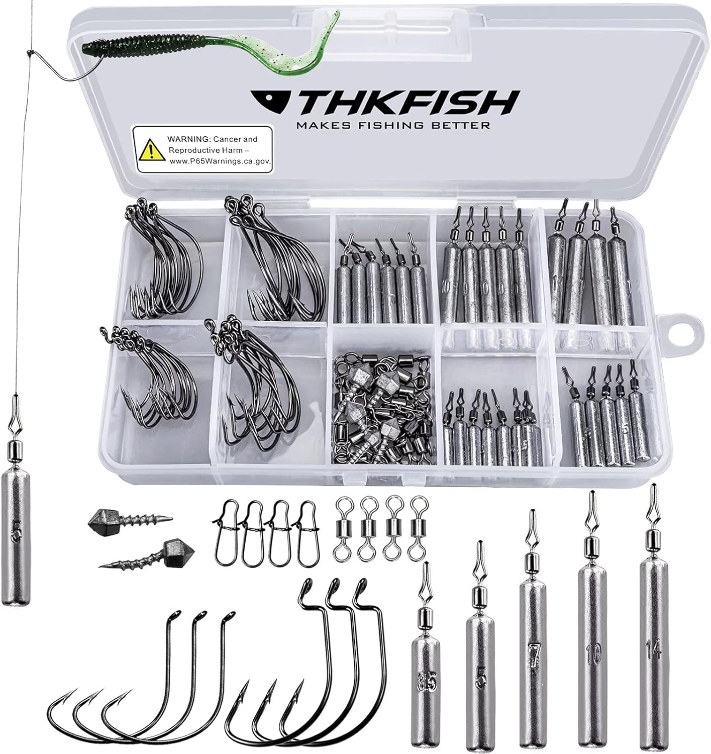 THKFISH Fishing Weights Sinkers Set, 60PCS Fishing Sinker Drop Shot Weights Kit,Drop Shot Rig Wacky Hooks for Saltwater Freshwater Bass Fishing