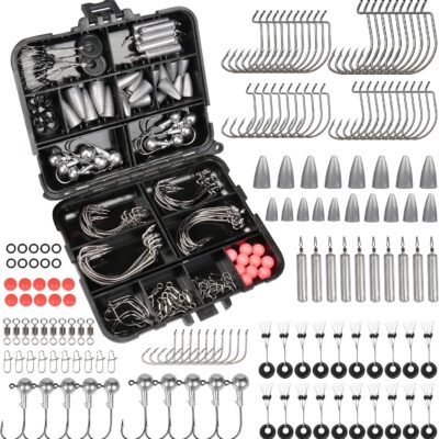 Fishing Accessories Kit, Fishing Set with Tackle Box, Fishing Hooks, Weights, Jig Heads, O-Rings, Barrel Swivels, Fastlock Snaps, Fishing Beads, Space Beans - Freshwater & Saltwater Fishing
