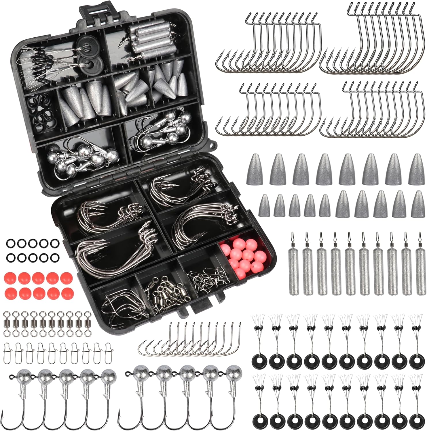 Fishing Accessories Kit, Fishing Set with Tackle Box, Fishing Hooks, Weights, Jig Heads, O-Rings, Barrel Swivels, Fastlock Snaps, Fishing Beads, Space Beans - Freshwater & Saltwater Fishing
